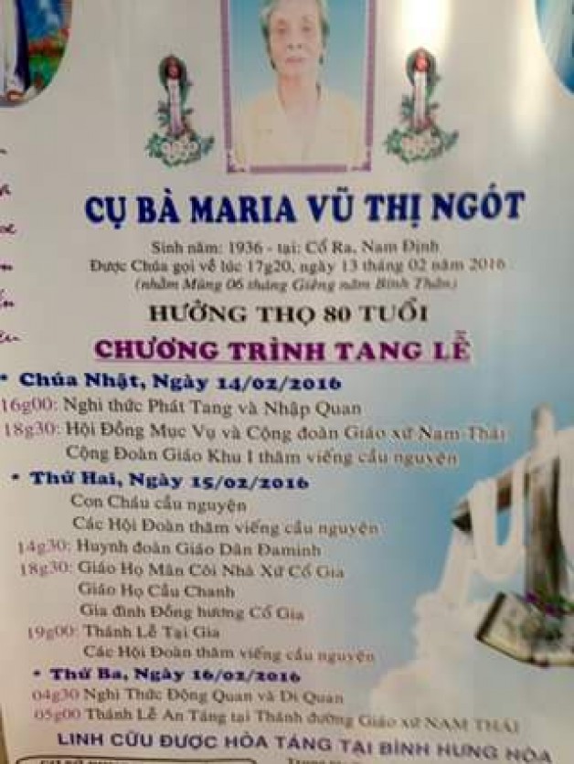 Cầu nguyện cầu nguyện cho bà Maria Vũ Thị Ngót