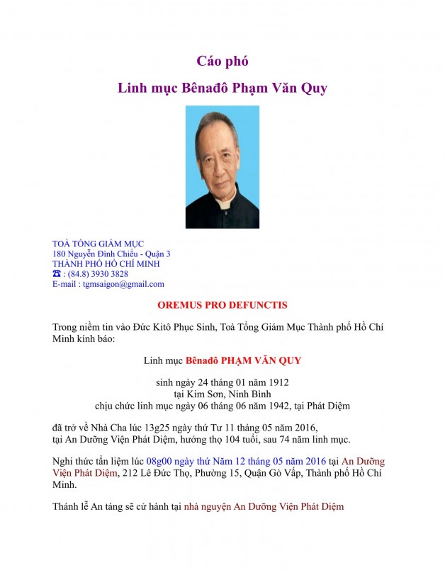 Cáo phó: Linh mục Bênađô Phạm Văn Quy