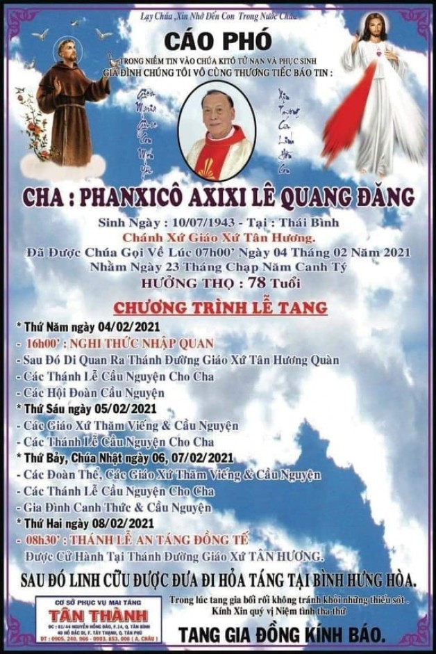 Cầu nguyện cho cha cố Phanxicô Assisi Lê Quang Đăng