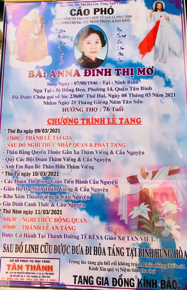 THÁNH LỄ AN TÁNG CHO BÀ ANNA ĐINH THỊ MƠ