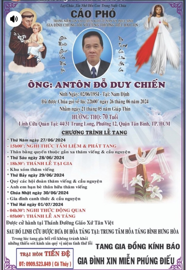 CẦU NGUYỆN CHO ÔNG ANTÔN ĐỖ DUY CHIẾN