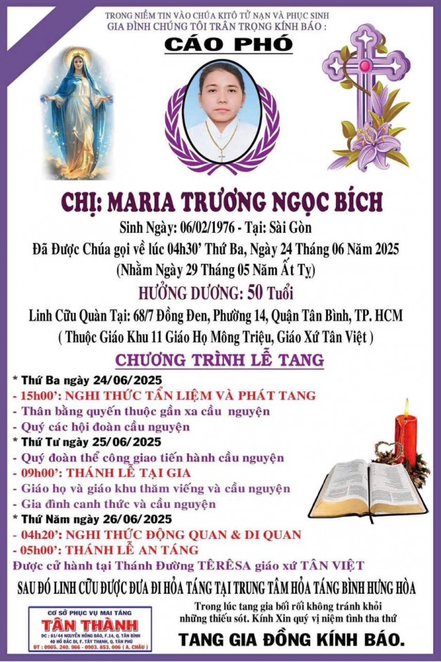 CẦU NGUYỆN CHO CHỊ MARIA TRÆ¯Æ NG NGỌC BÃCH