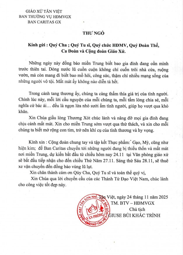 Ban Caritas Giáo Xứ Gởi Đến Cộng Đoàn
