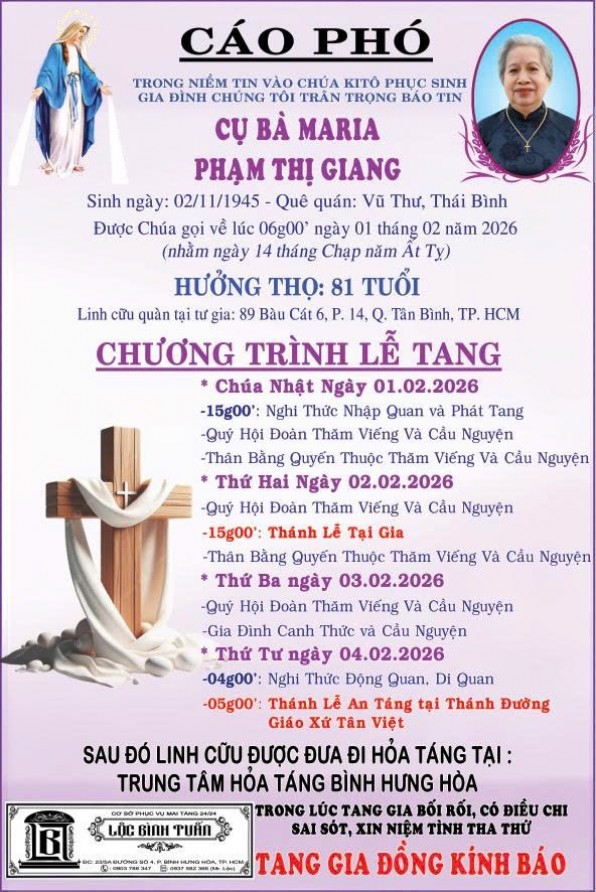 CẦU NGUYỆN CHO CỤ BÀ MARIA PHẠM THỊ GIANG.