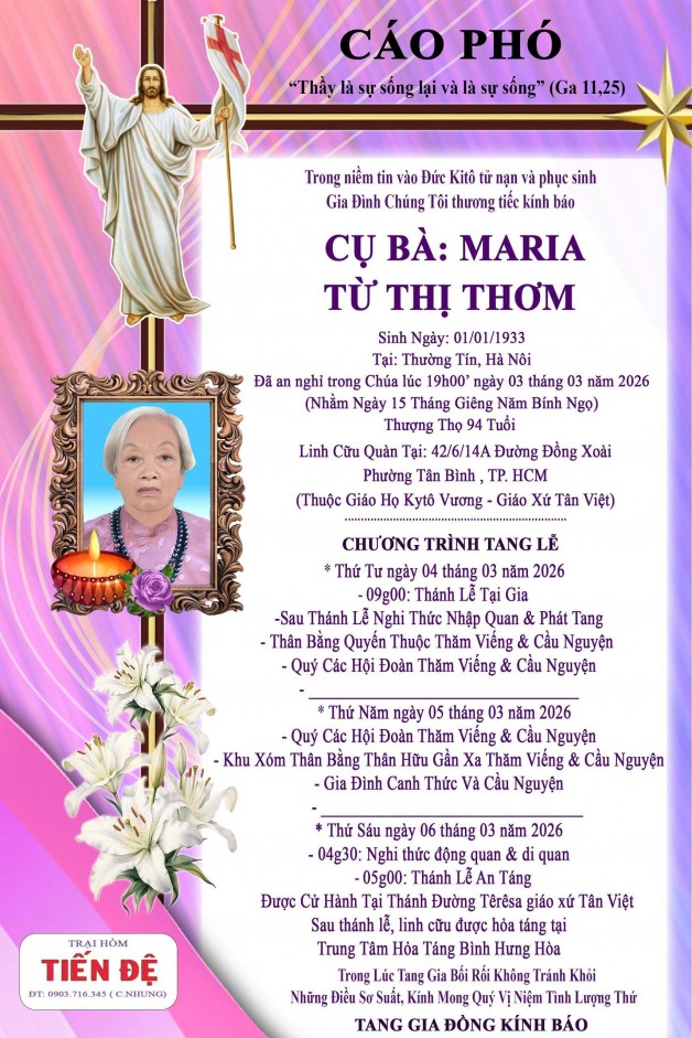 CẦU NGUYỆN CHO CỤ BÀ MARIA TỪ THỊ THƠM