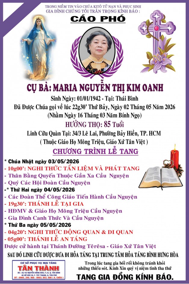 CẦU NGUYỆN CHO CỤ BÀ MARIA NGUYỄN THỊ KIM OANH