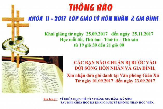 THÔNG BÁO CHIÊU SINH KHÓA II – 2017 LỚP GIÁO LÝ HÔN NHÂN- GIÁO XỨ TÂN VIỆT