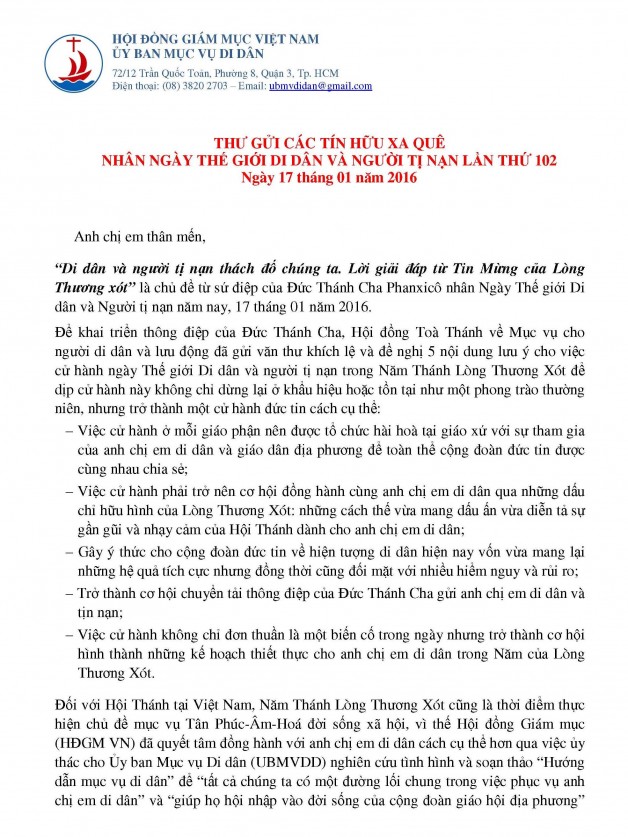 Uỷ ban Mục vụ Di Dân: Thư gửi các tín hữu xa quê nhân Ngày Thế giới Di dân và người Tị nạn lần thứ 102