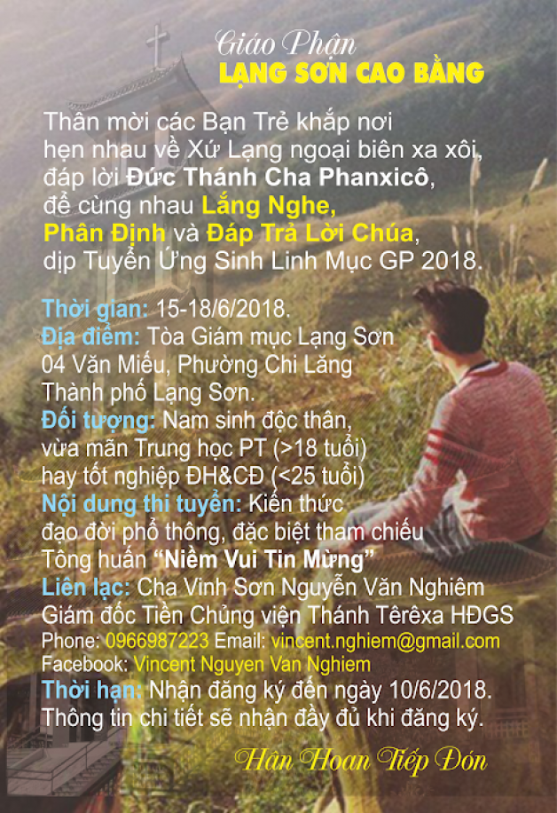 Thư tuyển ứng sinh linh mục của Giáo phận Lạng Sơn năm 2018