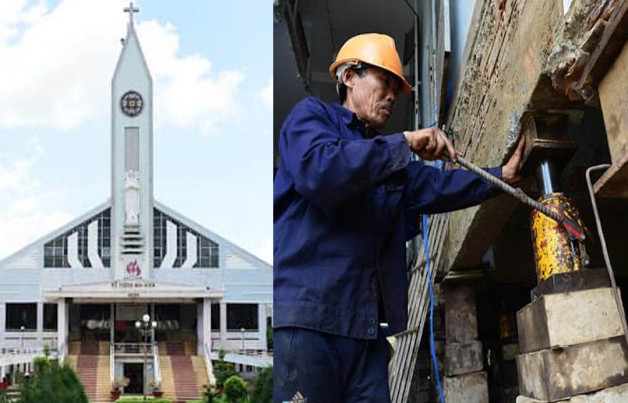 Cận cảnh ngôi Thánh Đường nặng khoảng 5.500 tấn được nâng lên cao 2 mét