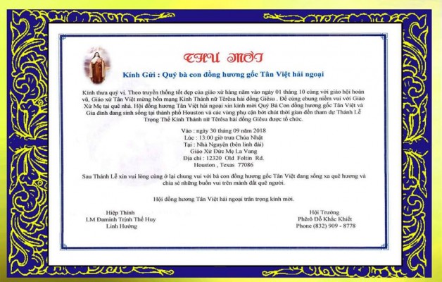 THƯ MỜI HỌP MẶT ĐỒNG HƯƠNG TÂN VIỆT MỪNG LỄ THÁNH TÊRÊSA HÀI ĐỒNG (USA)