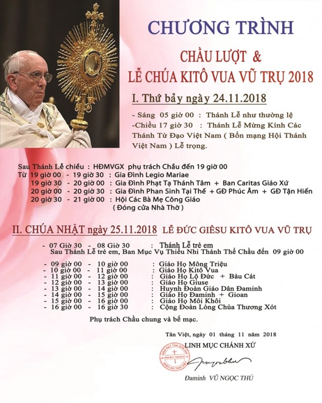 CHƯƠNG TRÌNH CHẦU THAY GIÁO PHẬN TẠI GIÁO XỨ TÂN VIỆT – LỄ CHÚA KITO VUA VŨ TRỤ 2018