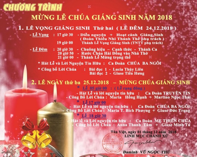 CHƯƠNG TRÌNH LỄ GIÁNG SINH NĂM 2018 TẠI GIÁO XỨ TÂN VIỆT