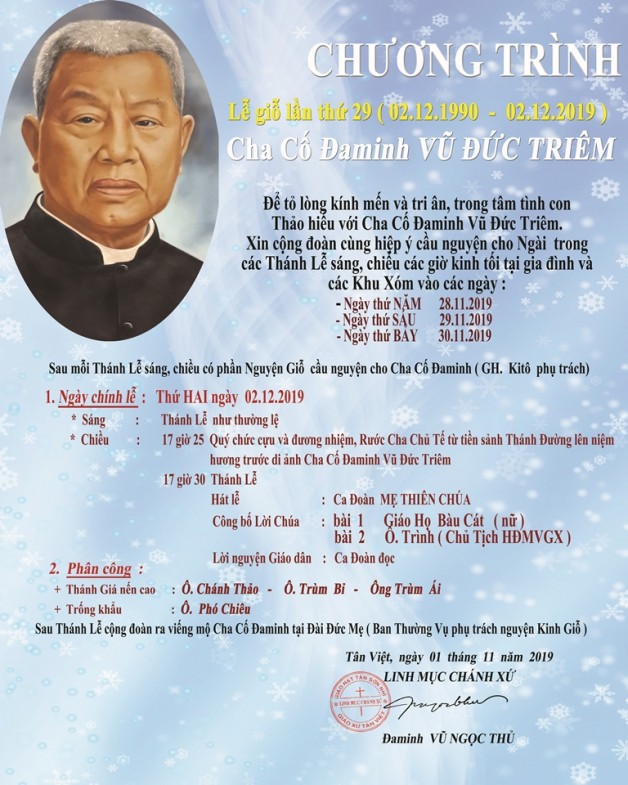CHƯƠNG TRÌNH LỄ GIỖ LẦN THỨ 29 CHA CỐ ĐA MINH VŨ ĐỨC TRIÊM