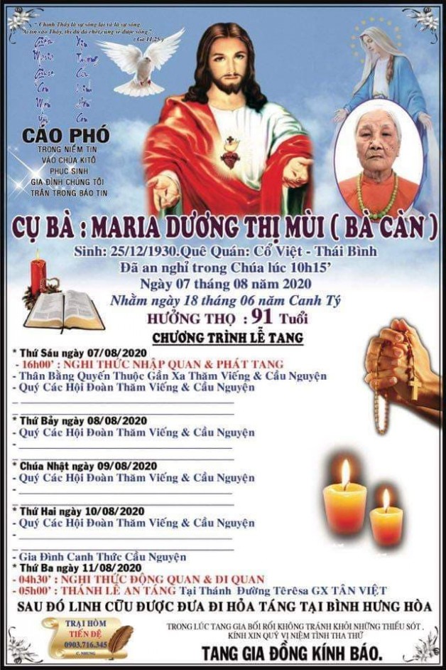 THÁNH LỄ AN TÁNG CHO BÀ MARIA DƯƠNG THỊ MÙI ( BÀ CÀN )