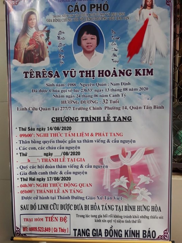 THÁNH LỄ AN TÁNG CHO CHỊ TÊRÊSA VŨ THỊ HOÀNG KIM.