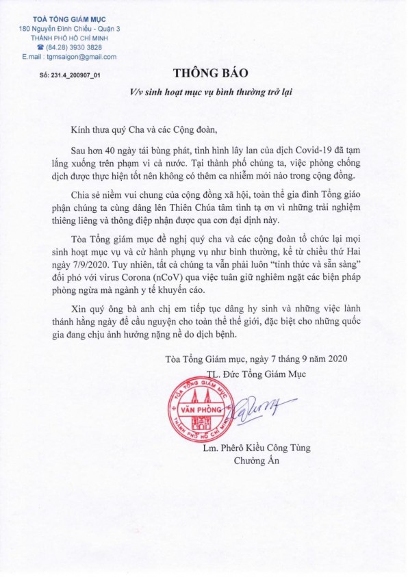 Tổng Giáo Phận Sài Gòn đã có thông báo dâng lễ trở lại