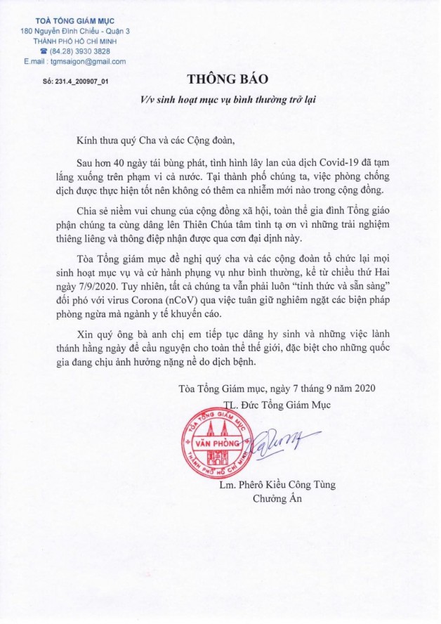 Tổng Giáo Phận Sài Gòn đã có thông báo dâng lễ trở lại