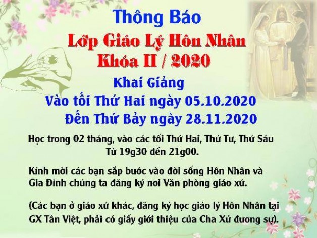 GX TÂN VIỆT THÔNG BÁO LỚP GIÁO LÝ HÔN NHÂN KHÓA 2/2020.