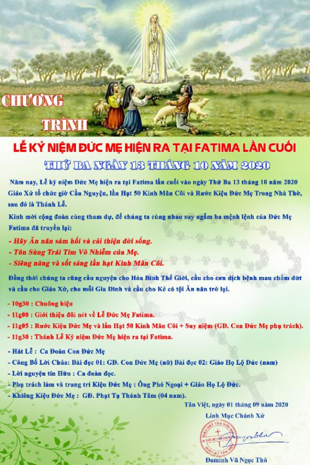 CHƯƠNG TRÌNH LỄ KỶ NIỆM ĐỨC MẸ FATIMA HIỆN RA LẦN CUỐI.