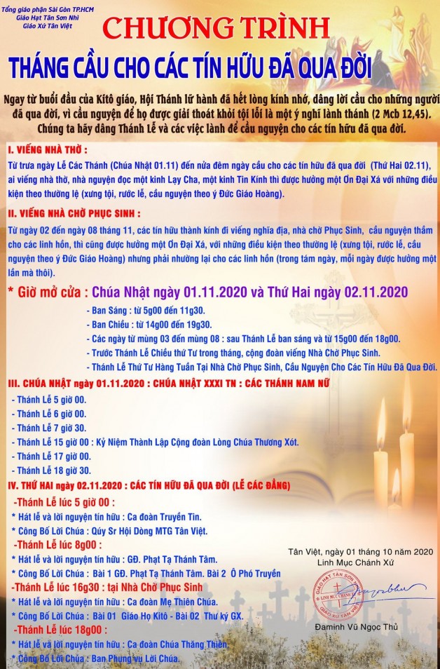 CHƯƠNG TRÌNH THÁNG 11 : THÁNG CẦU CHO CÁC TÍN HỮU ĐÃ QUA ĐỜI.