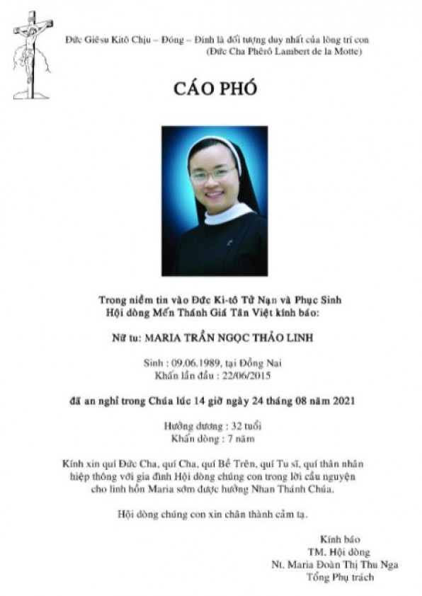 CẦU NGUYỆN CHO Sr MARIA TRẦN NGỌC THẢO LINH