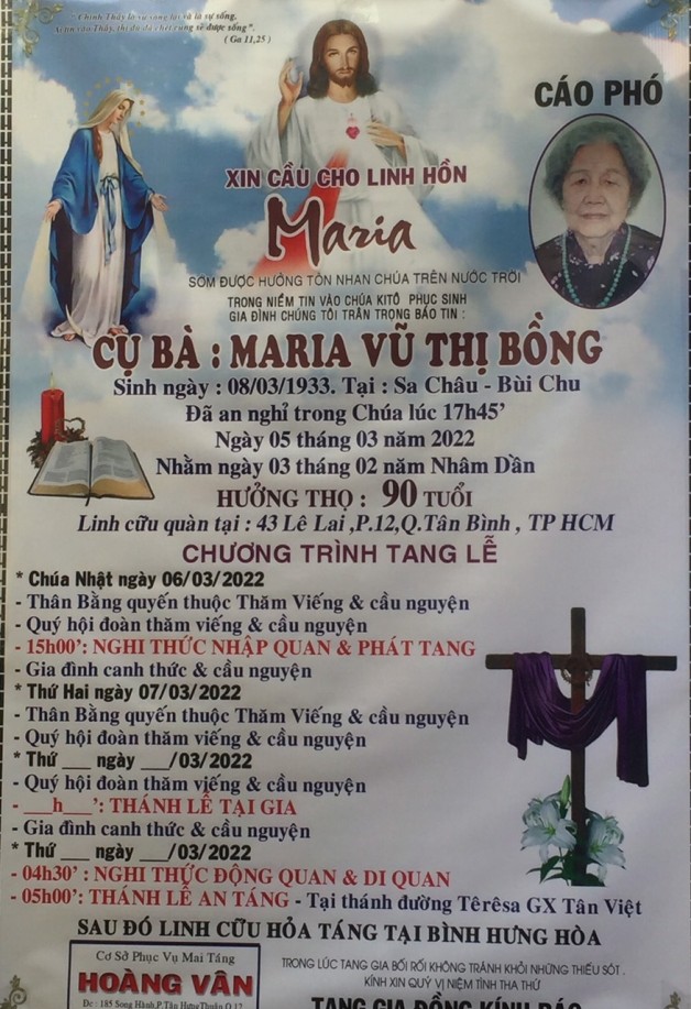 CẦU NGUYỆN CHO CỤ BÀ MARIA VŨ THỊ BỒNG