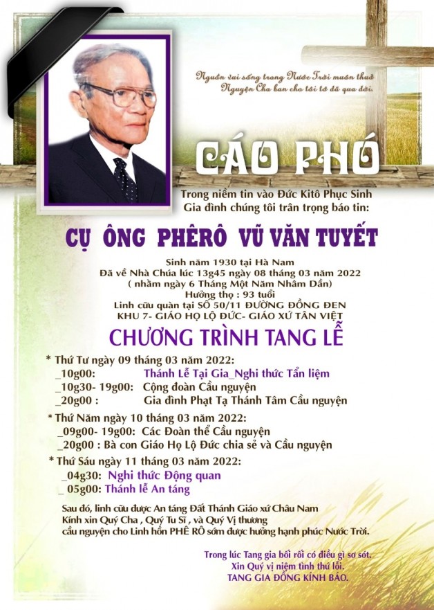 CẦU NGUYỆN CHO CỤ ÔNG PHÊRÔ VŨ VĂN TUYẾT