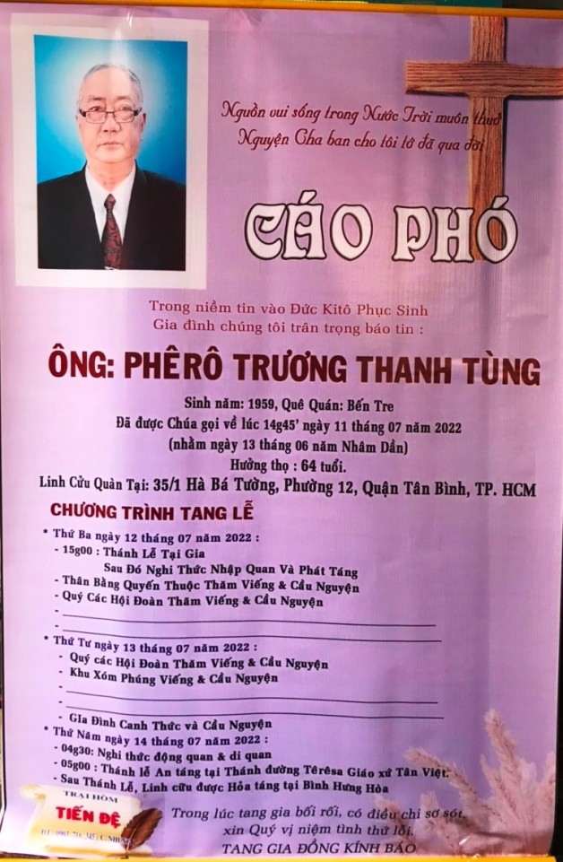 CẦU NGUYỆN CHO ÔNG PHÊRÔ TRƯƠNG THANH TÙNG