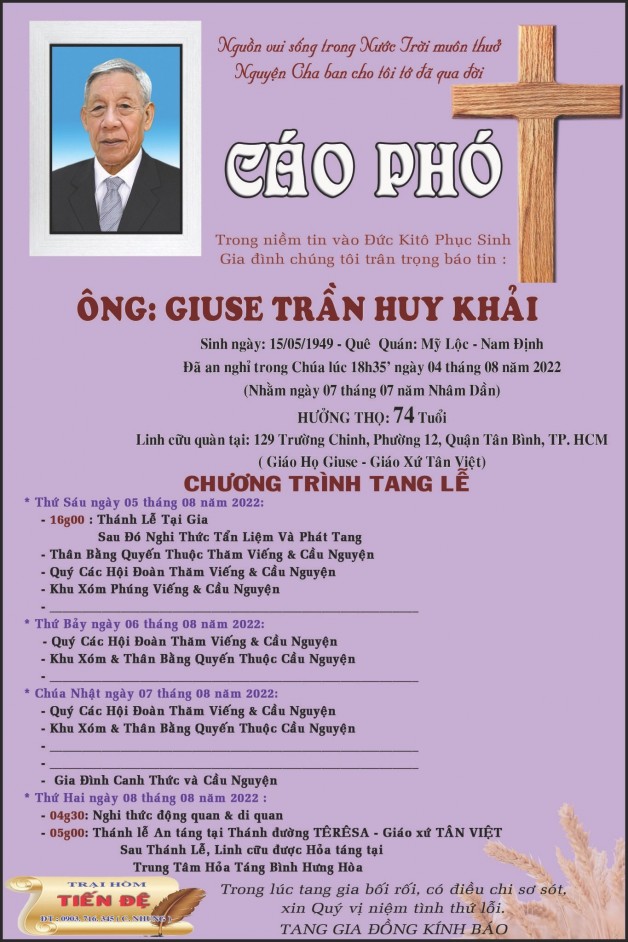 CẦU NGUYỆN CHO ÔNG GIUSE TRẦN HUY KHẢI