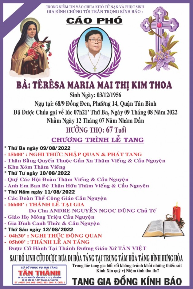 CẦU NGUYỆN CHO BÀ: TÊRÊSA MARIA MAI THỊ KIM THOA