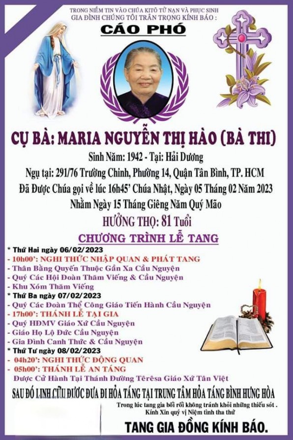 CẦU NGUYỆN CHO CỤ BÀ MARIA NGUYỄN THỊ HÀO (Bà Thi)