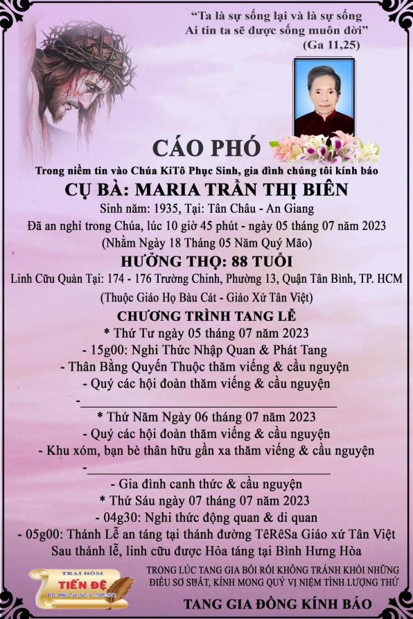 CẦU NGUYỆN CHO CỤ BÀ MARIA TRẦN THỊ BIÊN