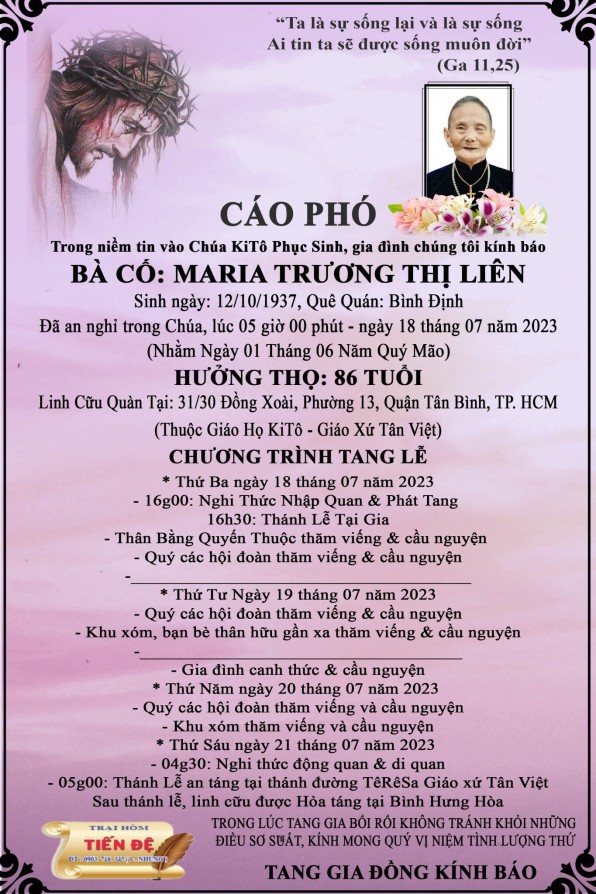 CẦU NGUYỆN CHO BÀ CỐ MARIA TRƯƠNG THỊ LIÊN
