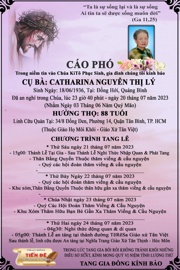 CẦU NGUYỆN CHO CỤ BÀ CATARINA NGUYỄN THỊ LÝ (Bà Tiêm)