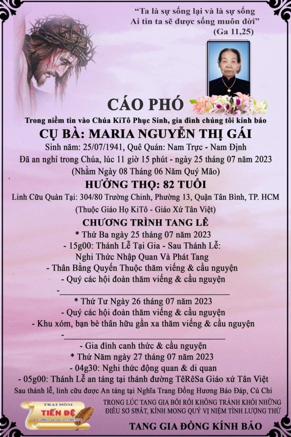 CẦU NGUYỆN CHO CỤ BÀ MARIA NGUYỄN THỊ GÁI
