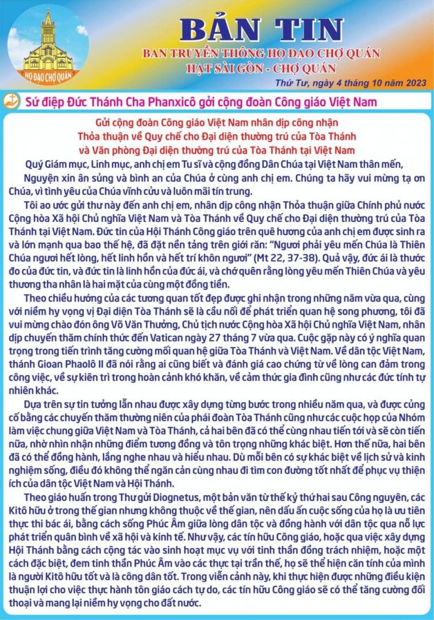 Sứ Điệp Đức Thánh Cha Phanxico gởi Cộng đoàn Công Giáo Việt Nam