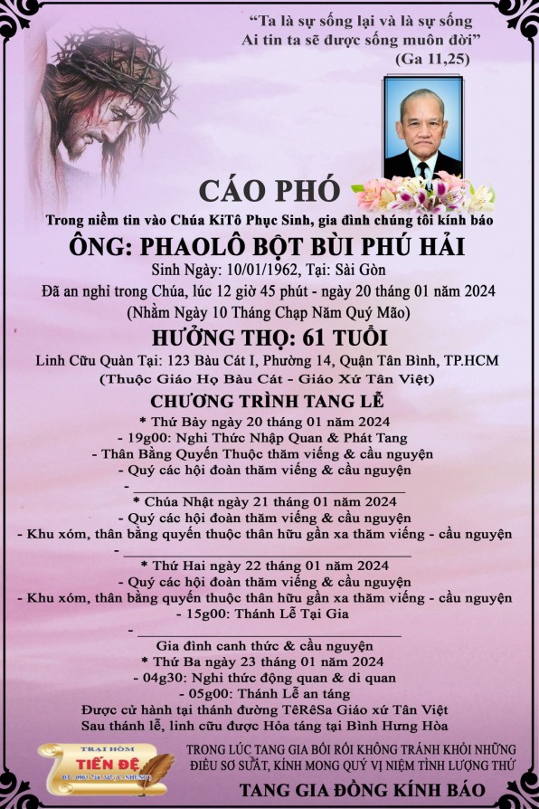 CẦU NGUYỆN CHO ÔNG PHAOLO BỘT BÙI PHÚ HẢI