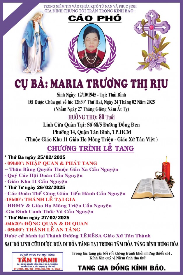 CẦU NGUYỆN CHO CỤ BÀ MARIA TRƯƠNG THỊ RỊU (BÀ TÂN)