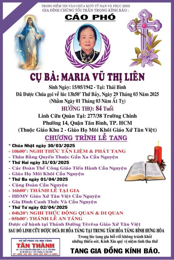 CẦU NGUYỆN CHO CỤ BÀ MARIA VŨ THỊ LIÊN (Bà Sửu)