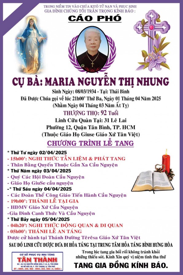 CẦU NGUYỆN CHO CỤ BÀ MARIA NGUYỄN THỊ NHUNG