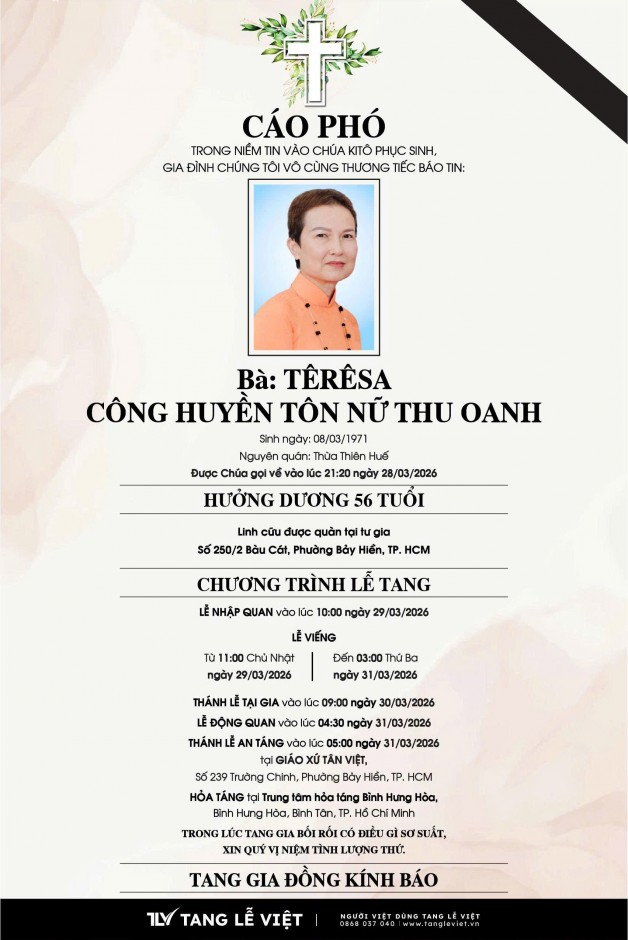 CẦU NGUYỆN CHO BÀ TERESA CÔNG HUYỀN TÔN NỮ THU OANH