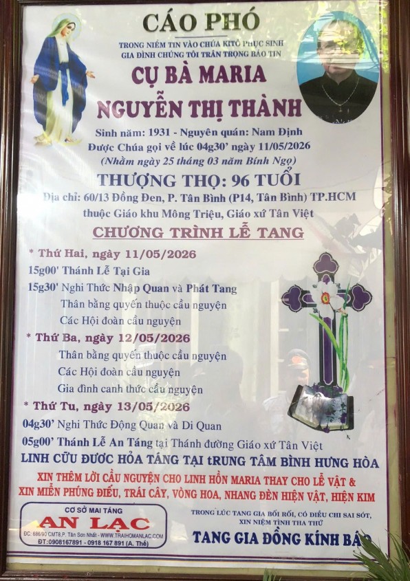 CẦU NGUYỆN CHO CỤ BÀ MARIA NGUYỄN THỊ THÀNH (Bà Hùng)