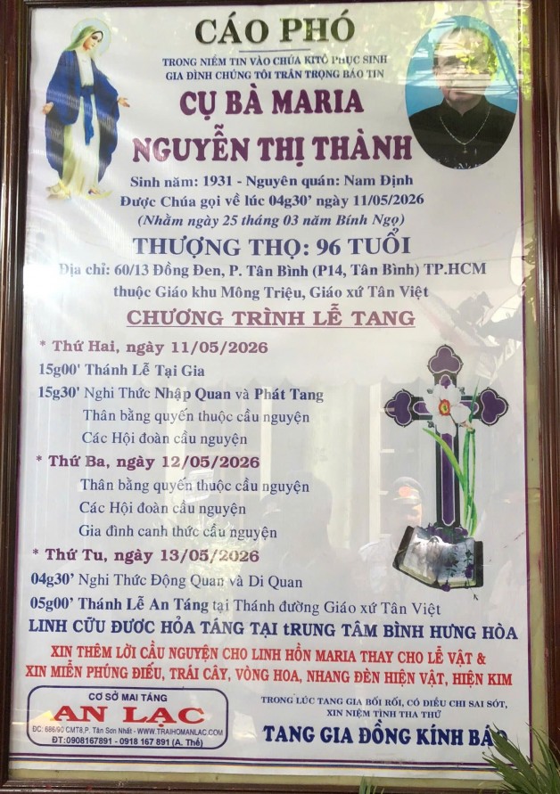 CẦU NGUYỆN CHO CỤ BÀ MARIA NGUYỄN THỊ THÀNH (Bà Hùng)