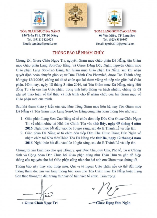 Thông báo Lễ nhậm chức của hai Đức giám mục giáo phận Lạng Sơn-Cao Bằng và giáo phận Đà Nẵng